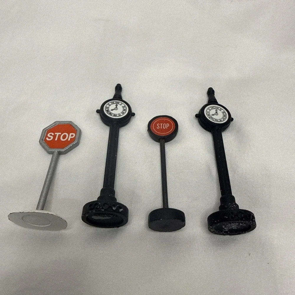 Dept 56 Original Snow Village Accessories Town Clock Lot of 4 Train Stop Sign